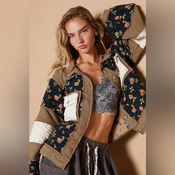 924. Pol Last 2! Jacket Coat thermal Oversized Brown Floral Quilted Jacquard - Picture 2 of 6